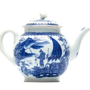 English Worcester Cormorant Porcelain Teapot Bud Blue White Chinoiseries 18C