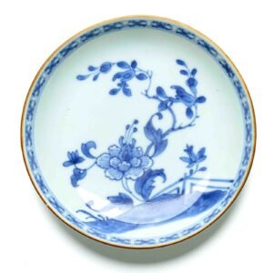 Chinese Porcelain Saucer Blue White Peony Garden Brown Rim Qing Qianlong 18th C
