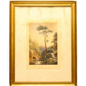 Antique British Woodland Landscape Deer Stream Colour Print Gilt Frame 19th C
