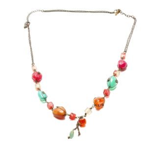 Vintage Art Glass Bead Necklace Multicolor Wire Wrapped Bronze Tone Chain 20th C
