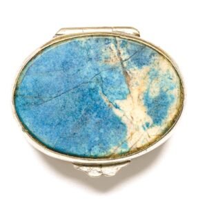 English White Metal Chrysocolla Stone Snuff Box Hinged Oval Trinket Box c1900