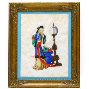 Chinese Watercolor Painting Pith Lady Concubine Framed Gilt Glassed Qing 19th C