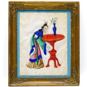 Chinese Watercolor Painting Pith Lady Concubine Framed Gilt Glassed Qing 19th C