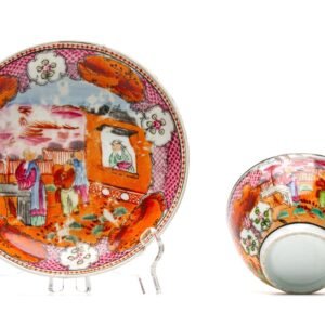 English Porcelain Cup Saucer Famille Rose New Hall Boy in the Window Regency 18C