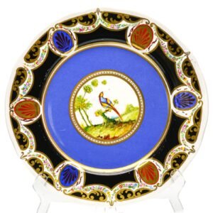English Porcelain Plate Chinoiseries Fancy Bird Royal Blue Black Ground 20th C
