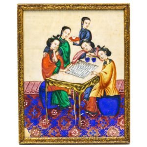 Chinese Watercolor Painting Pith Paper Ladies Chess Framed Gilt Glassed Qing 19C
