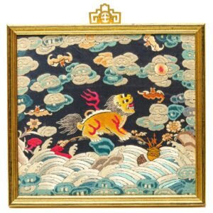 Chinese Embroidery Textile Rank Badge Golden Lion Bats Mandarin Square Qing 19C