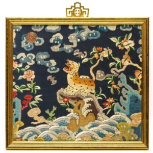 Chinese Embroidery Textile Rank Badge Golden Leopard Mandarin Square Qing 19th C